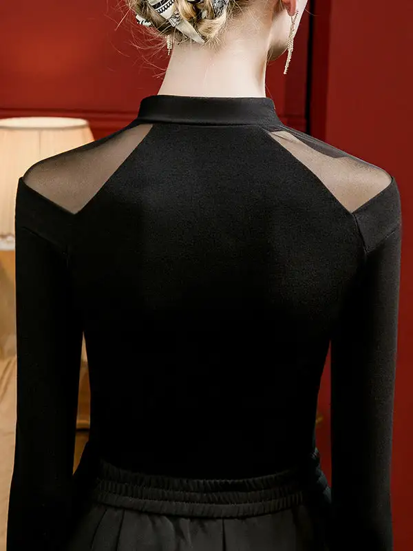 Long Sleeve Curve Fit Cutout Panel Detail Mock Neck T-Shirt