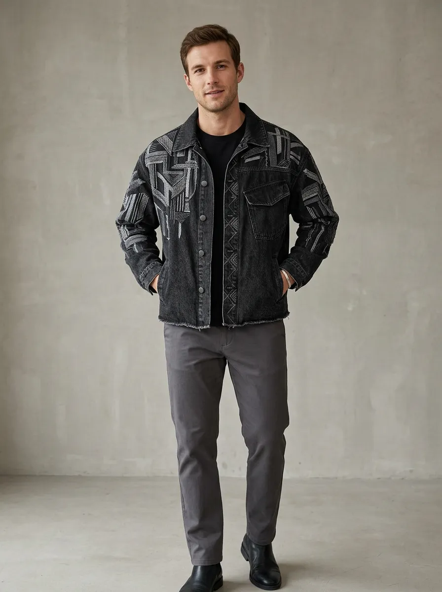 Men's Expressive Tribal Geometric Denim Jacket