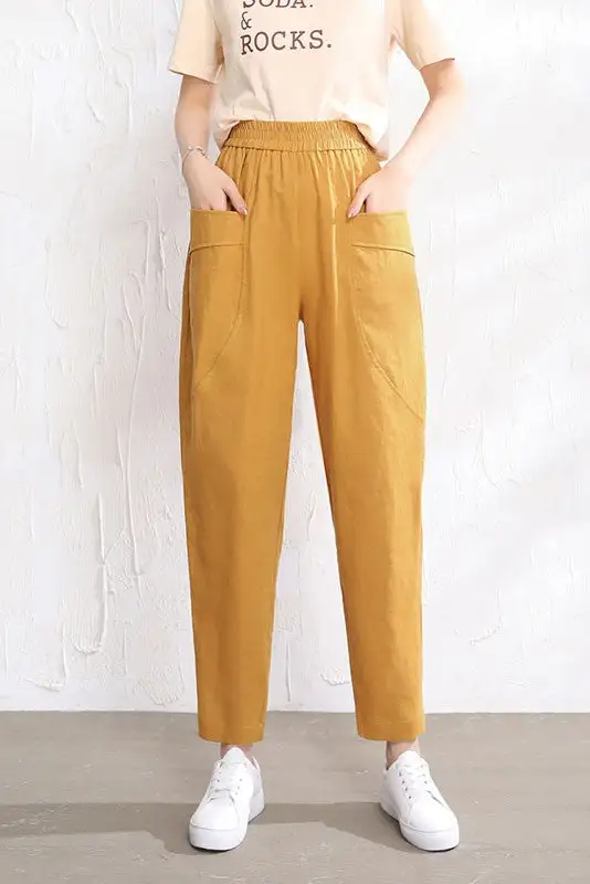 Linen Straight Leg Elastic Waist Pocketed Trousers