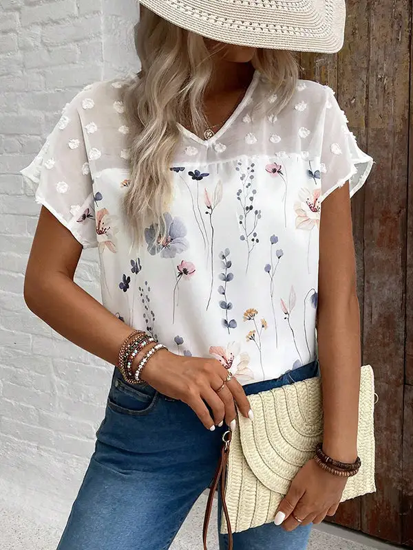 Relaxed Short Sleeve Floral Print Jacquard Panel Detail V-Neck T-Shirt