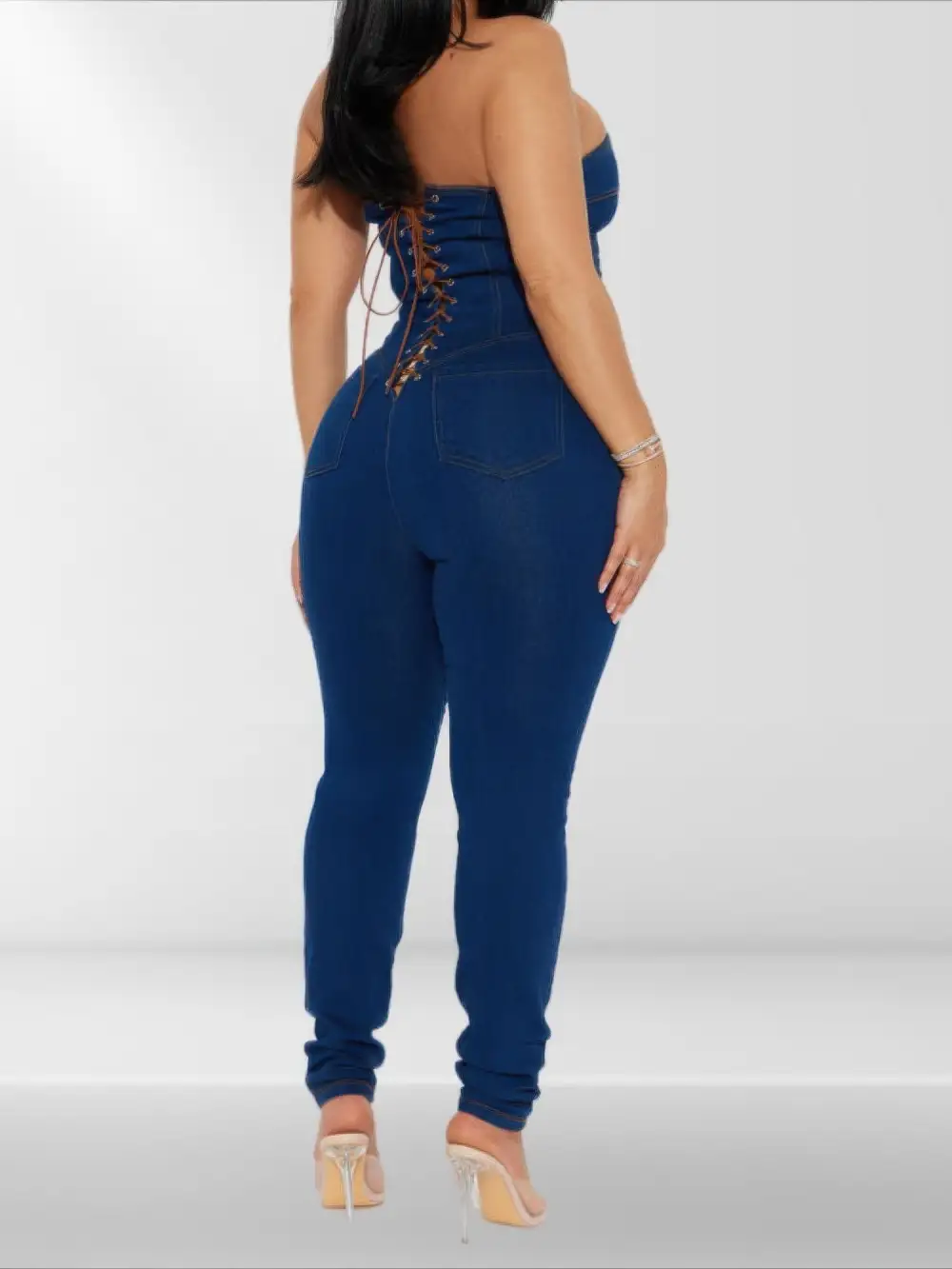 Strapless Denim Jumpsuit Lace Up Back Pants