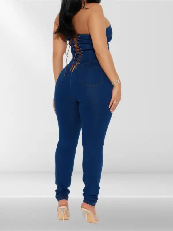 Strapless Denim Jumpsuit Lace Up Back Pants