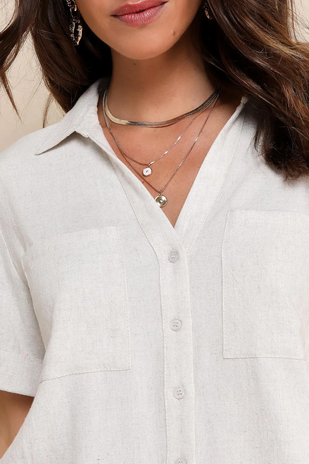 Casual Style Linen Collared Button-Up Top