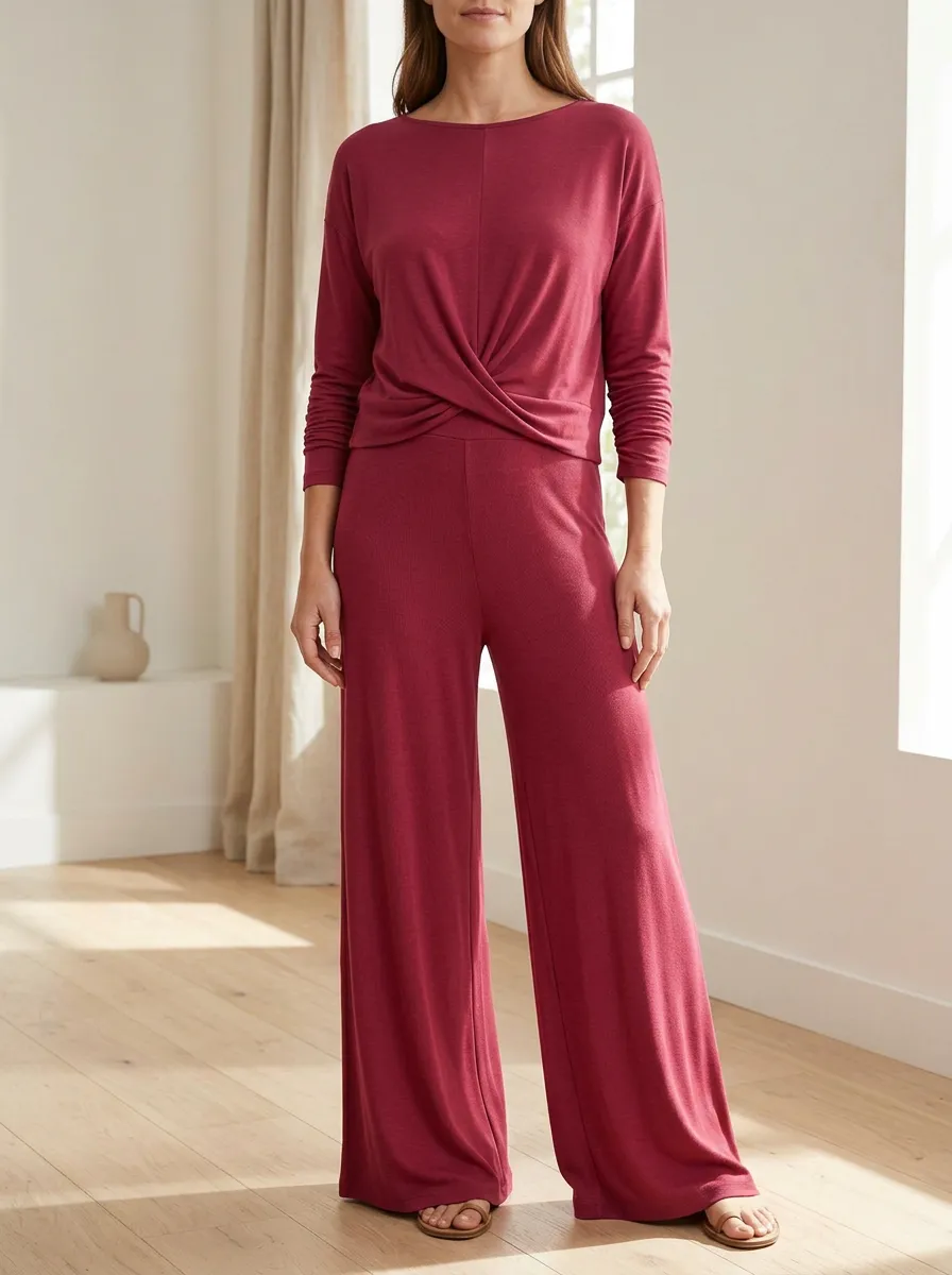Women's Lounge Twist-Front Long Sleeve Wide Leg Pants Set