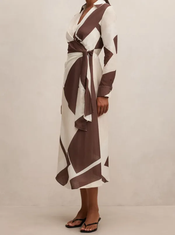 White Brown Abstract Print Long Sleeve Tie Waist Midi Dress