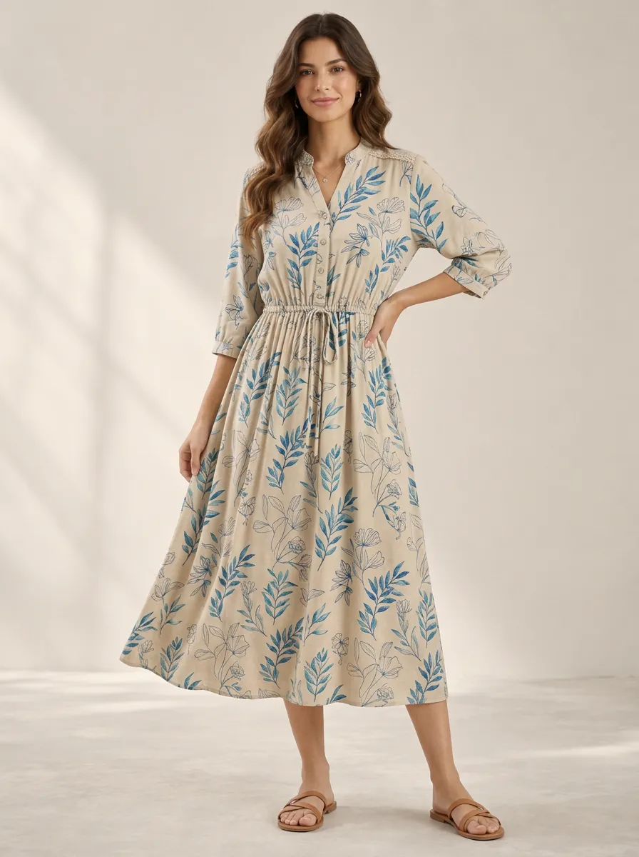 Women's Weekend Botanical Leaf Printed Midi Dress
