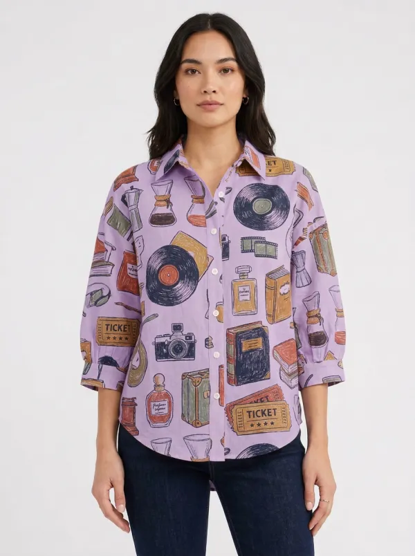 Women's Vintage Hobby Lover Vinyl Camera Book Printed Shirt