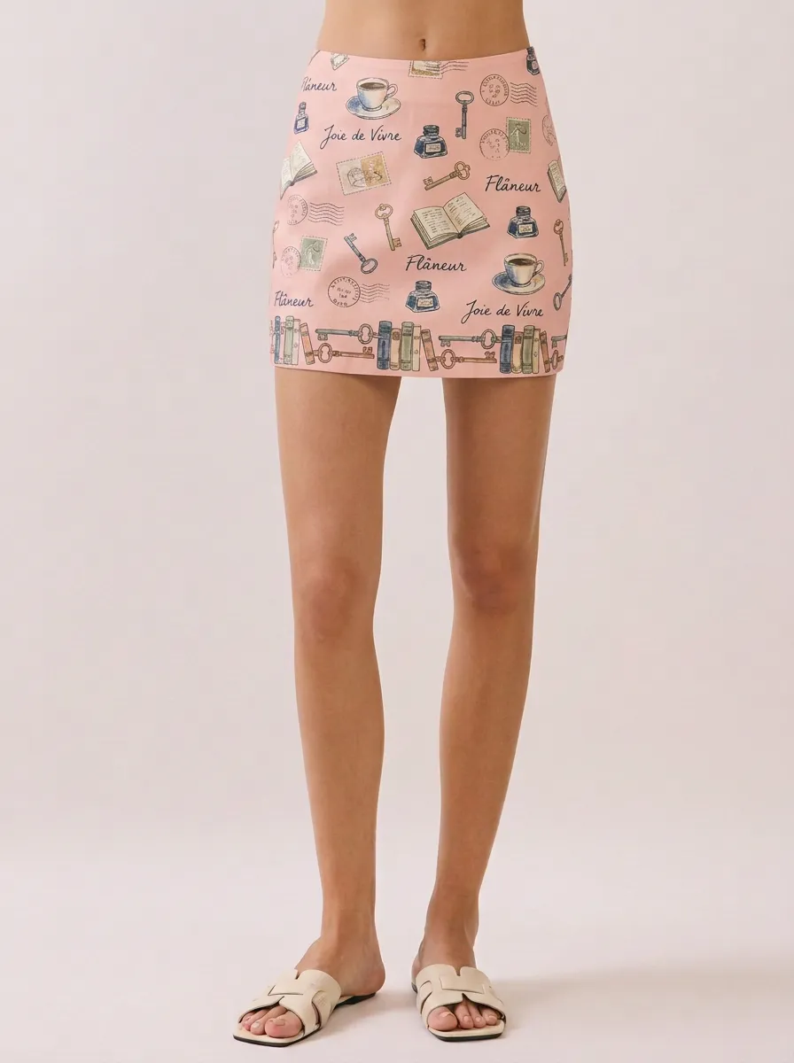 Women's Vintage Literary Lover Book Key Coffee Printed Mini Skirt