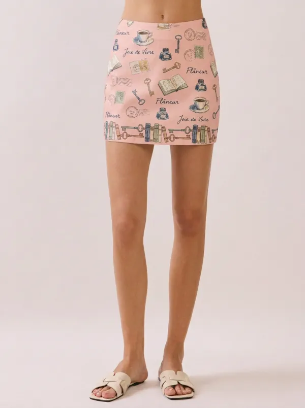 Women's Vintage Literary Lover Book Key Coffee Printed Mini Skirt