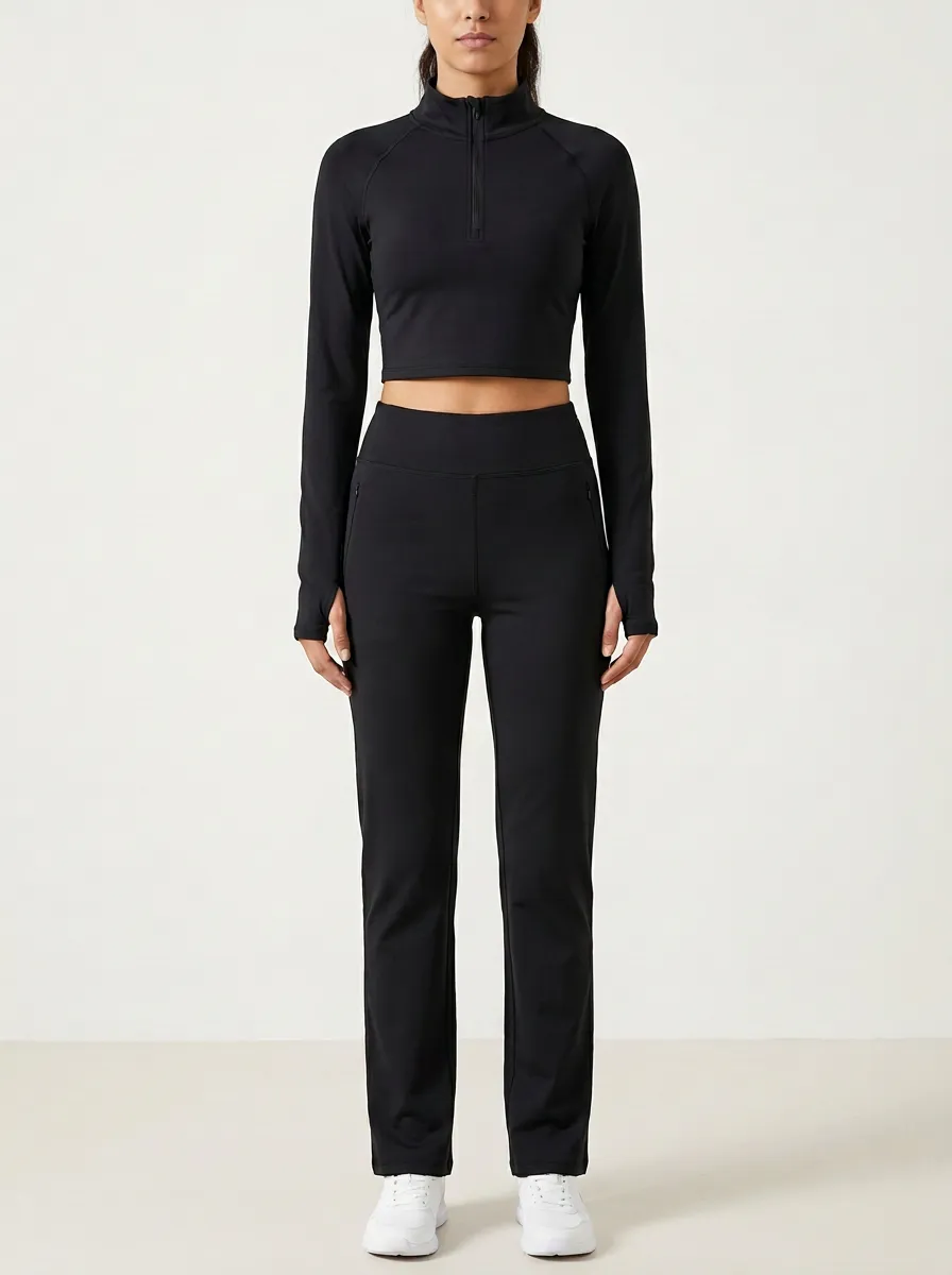 Women's Stand-Collar Half-Zip Thumbhole Crop Top and Zip-Pocket Pant Set