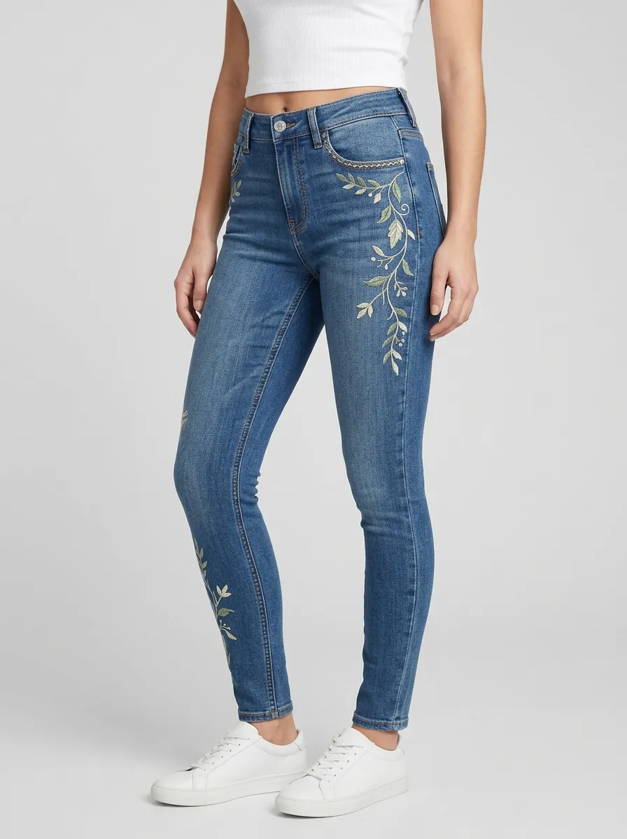 Women's Floral Vine Embroidery Printed Slim Jeans