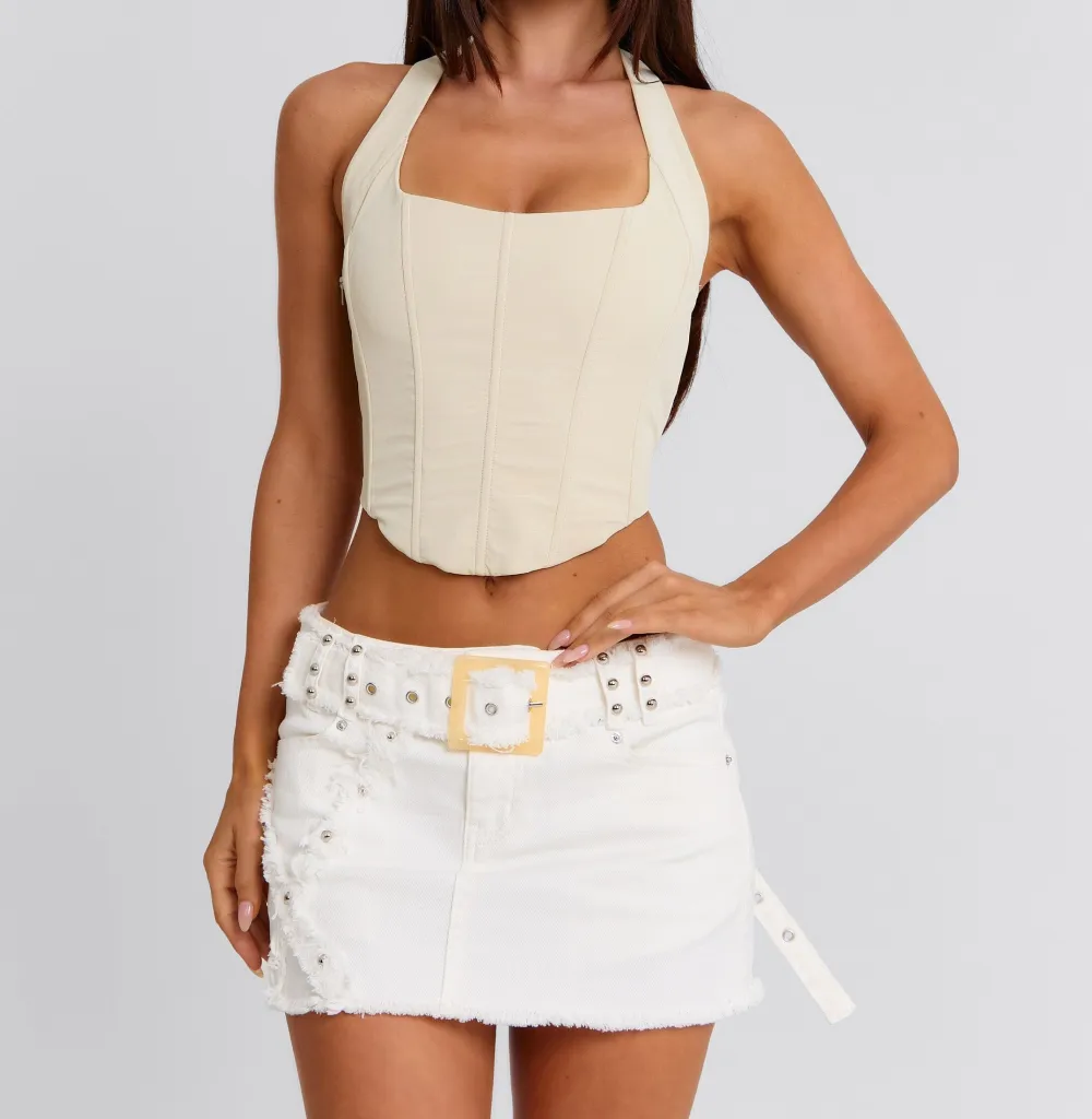 White Studded Denim Mini Skirt