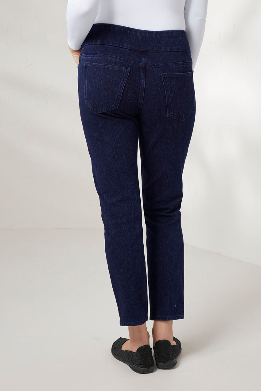Knit Denim Mid Rise Slim-Leg Ankle Jeans