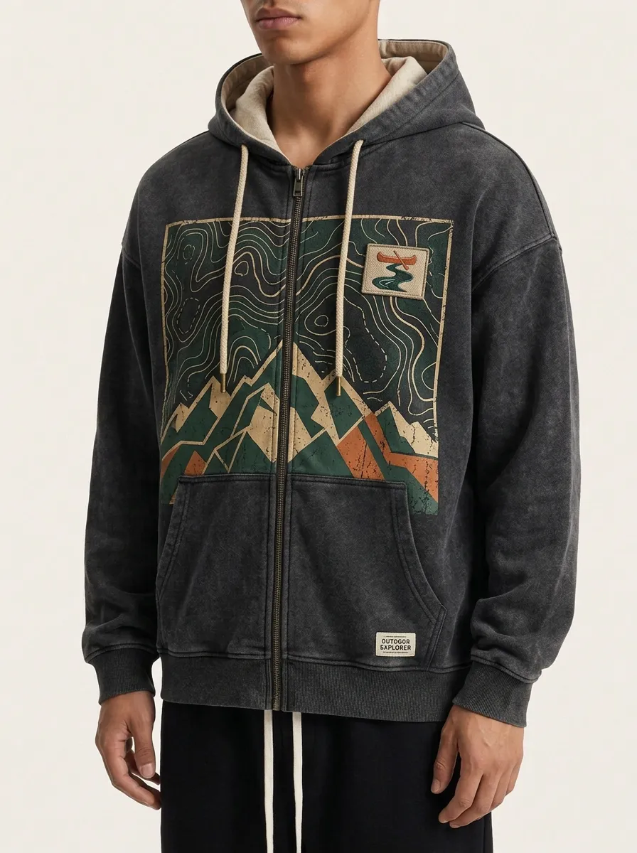 Men's Outdoor Explorer Mountain Topographic Printed Zip Hoodie