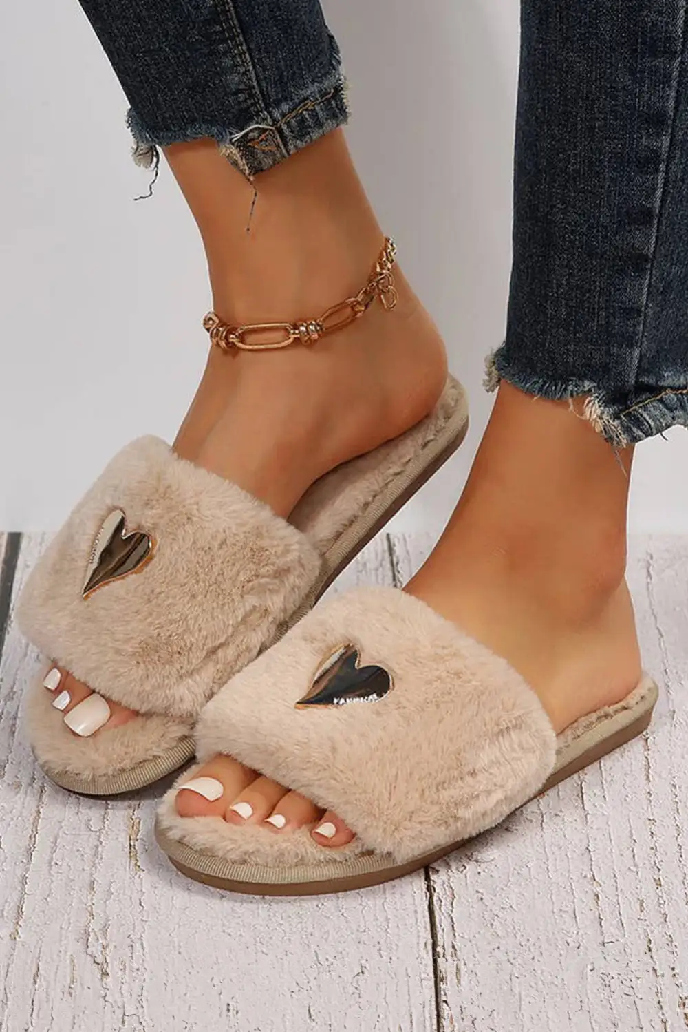 Parchment Heart Shape Buckle Decor Open toe Plush Slide Slippers