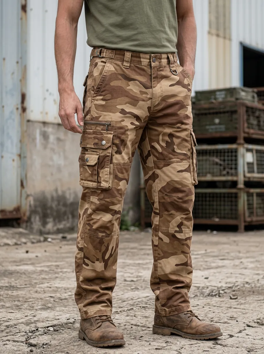 Men's Desert Camo Zipper Utility Multi-Pocket Side-Adjuster Waist Cargo Pants