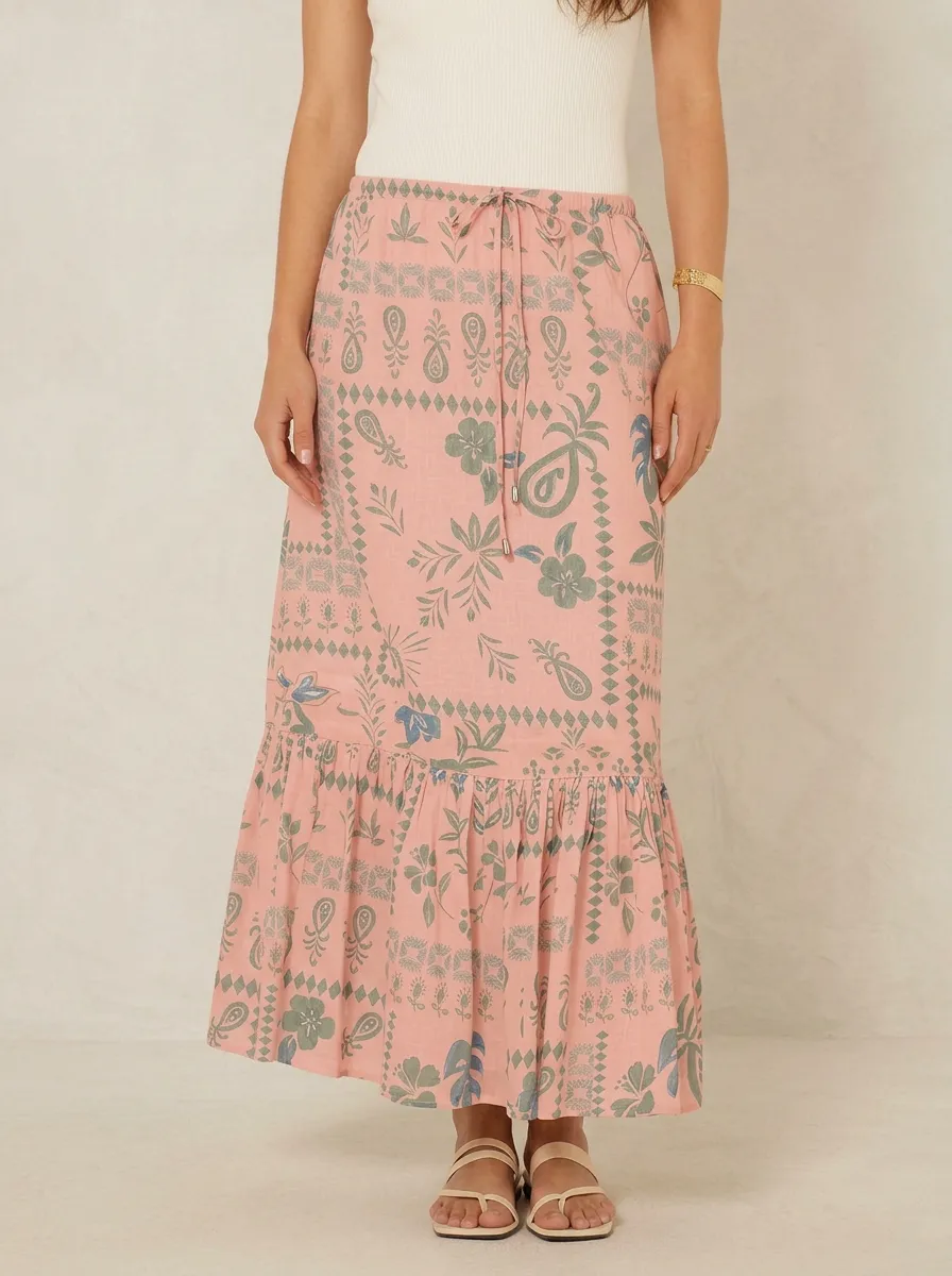 Women's Boho Floral Paisley Pattern Printed Midi Skirt