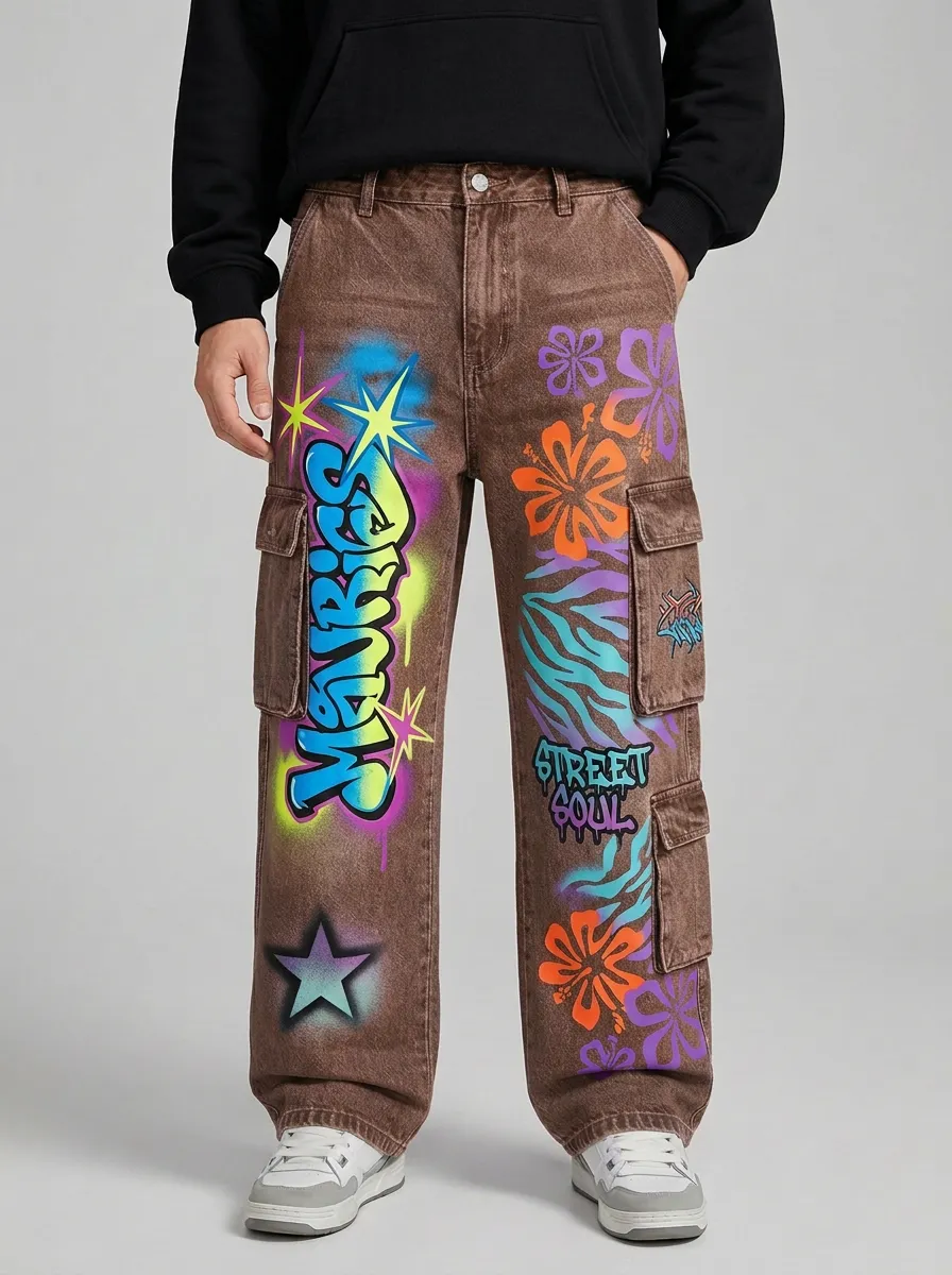 Men's Streetwear Graffiti Floral Art Print Cargo Jeans