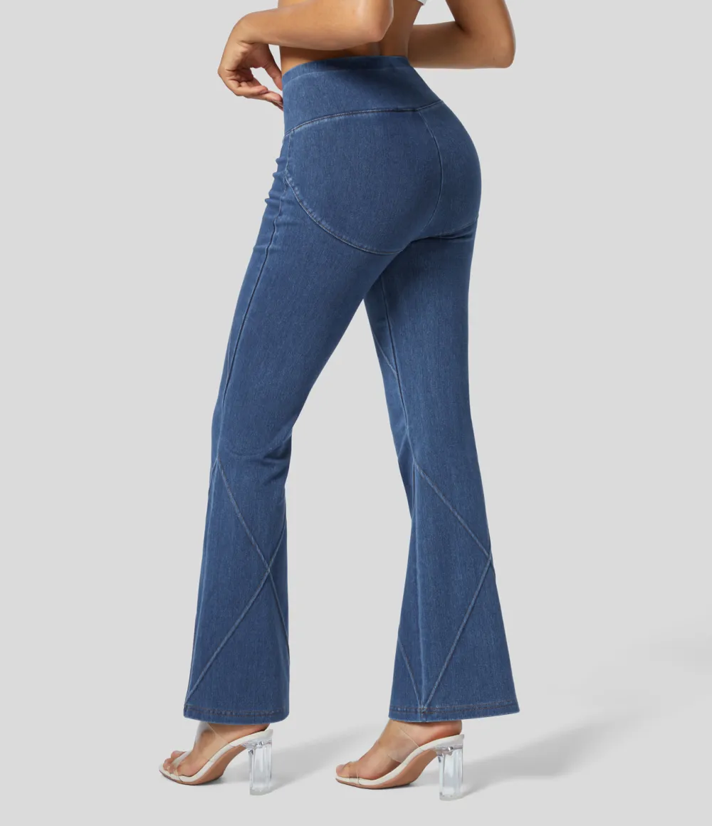 Magic High Waisted Button Top-stitching Washed Stretchy Knit Casual Flare Jeans