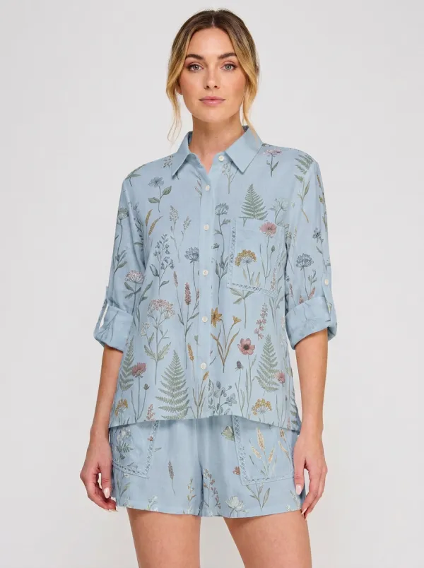 Women's Botanical Nature Lover Wildflower Fern Printed Button-Up Shirt
