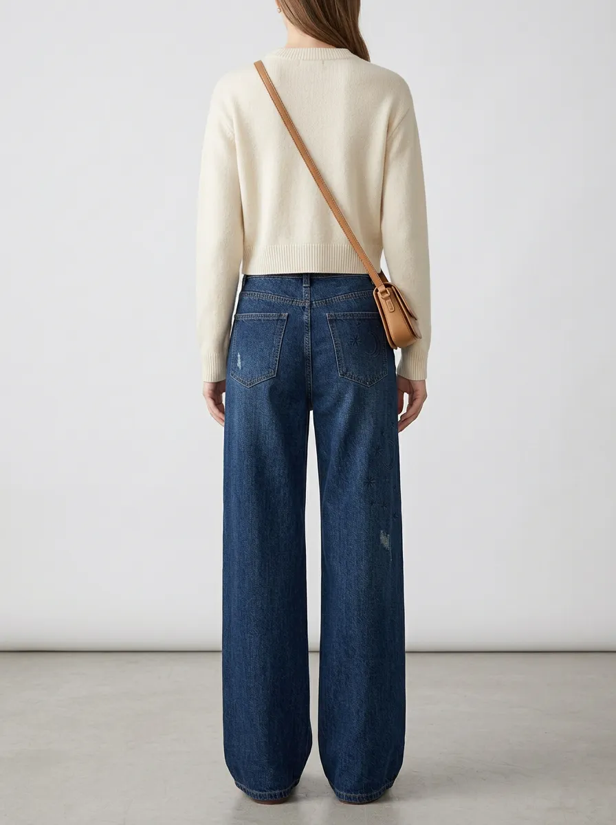 Women's Celestial Moon Star Star Embroidered Wide Leg Jeans