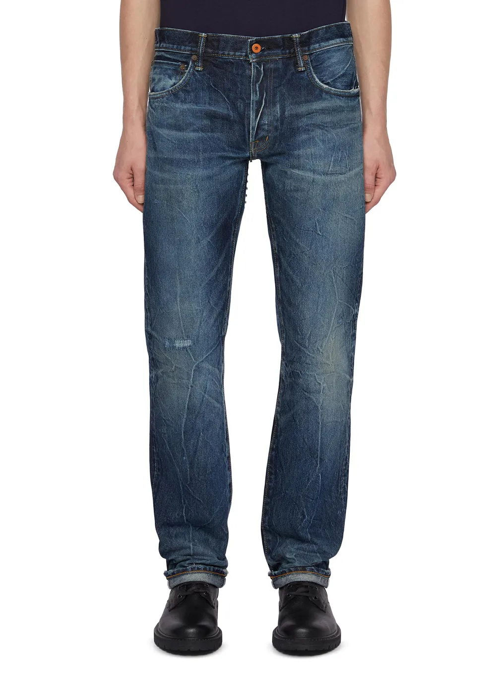 Simple Soft Straight-Cut Dark Blue Cottom Jeans