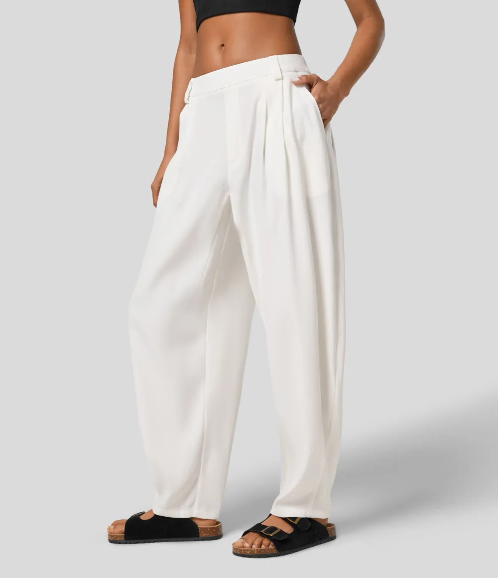 Mid Rise Plicated Side Pocket Barrel Leg Work Pants