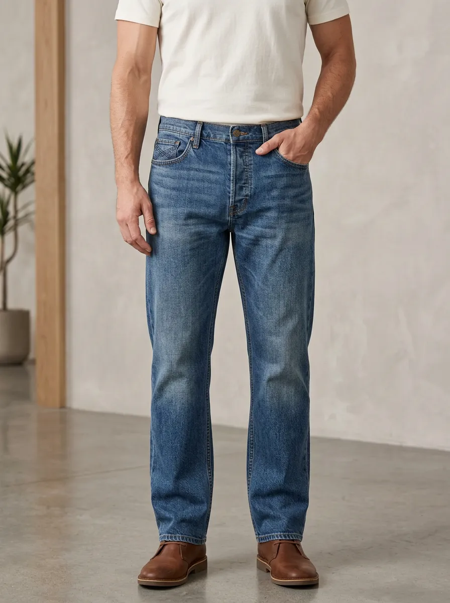 Men's Vintage Wash Blue Denim Straight Leg Jeans