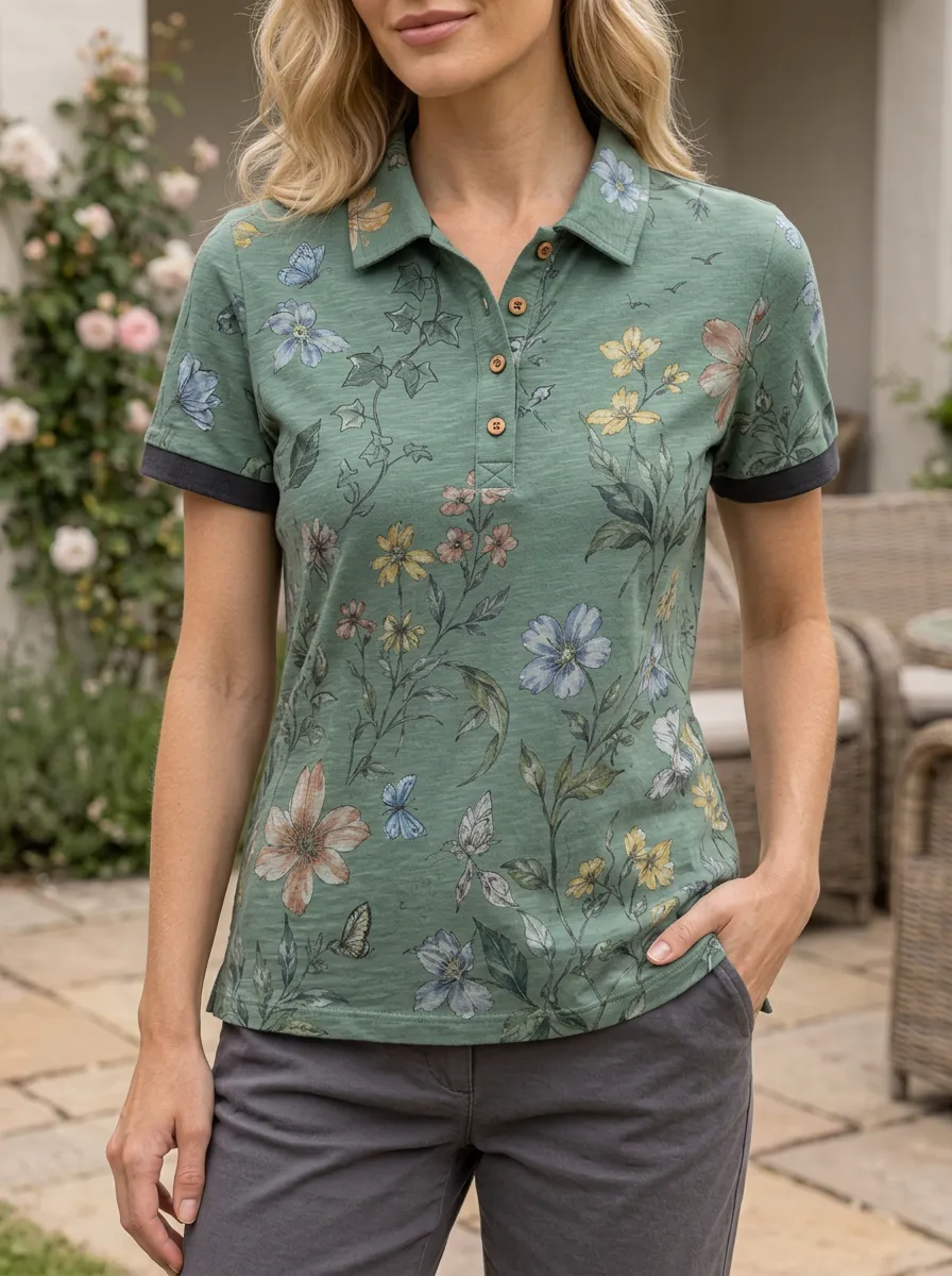 Women's Floral Butterfly Nature Lover Printed Polo Shirt