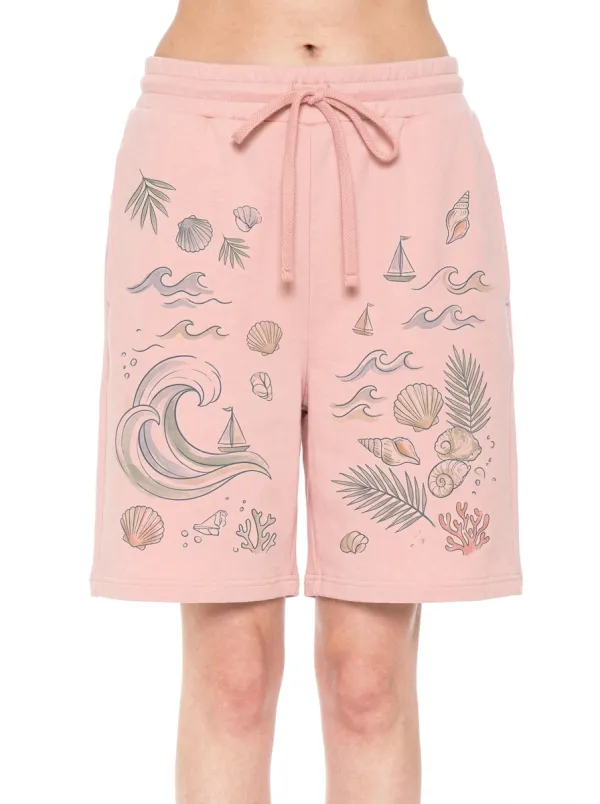 Women's Coastal Ocean Wave Seashell Palm Graphic Shorts