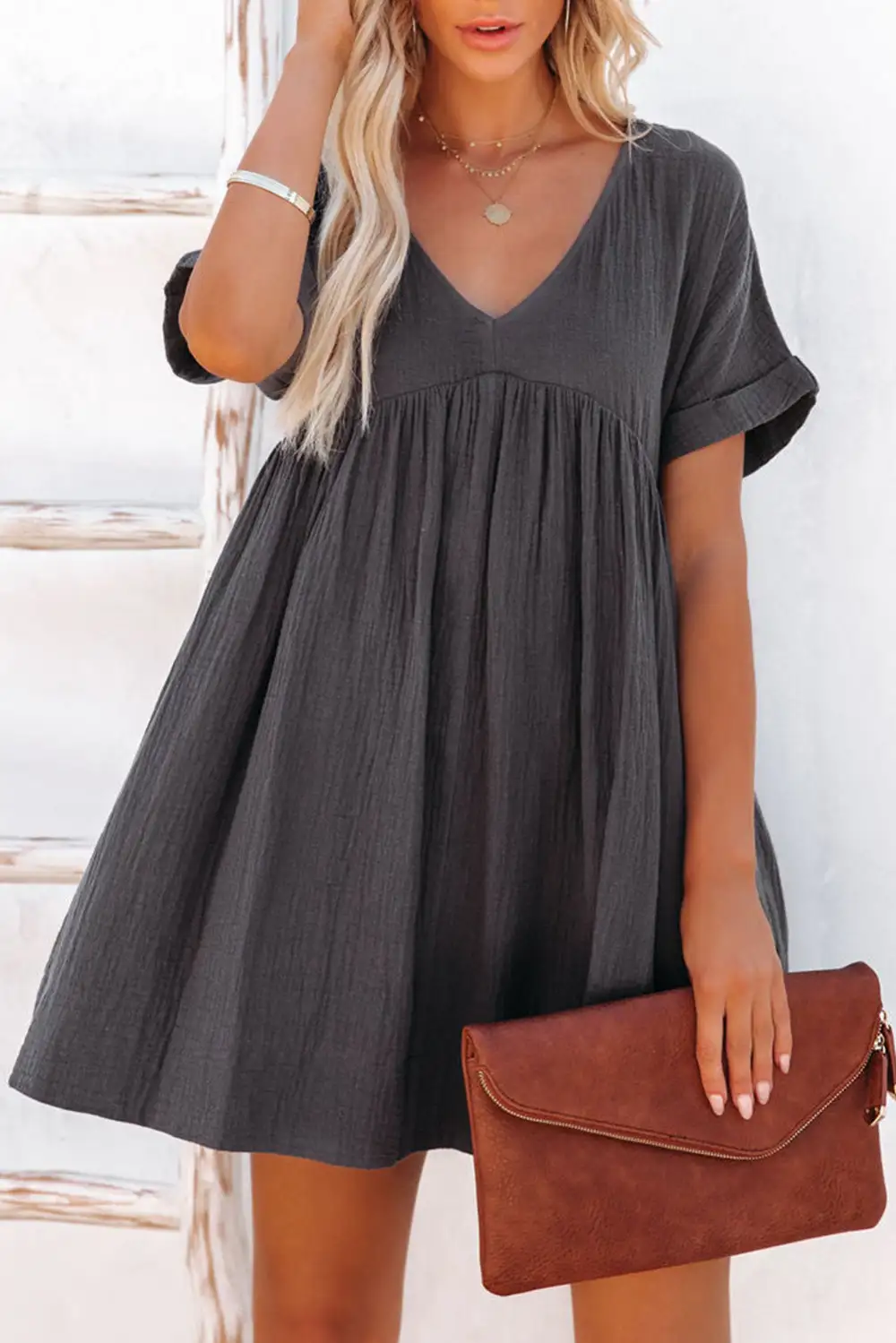 V-Neck Short Sleeve Babydoll Mini Dress