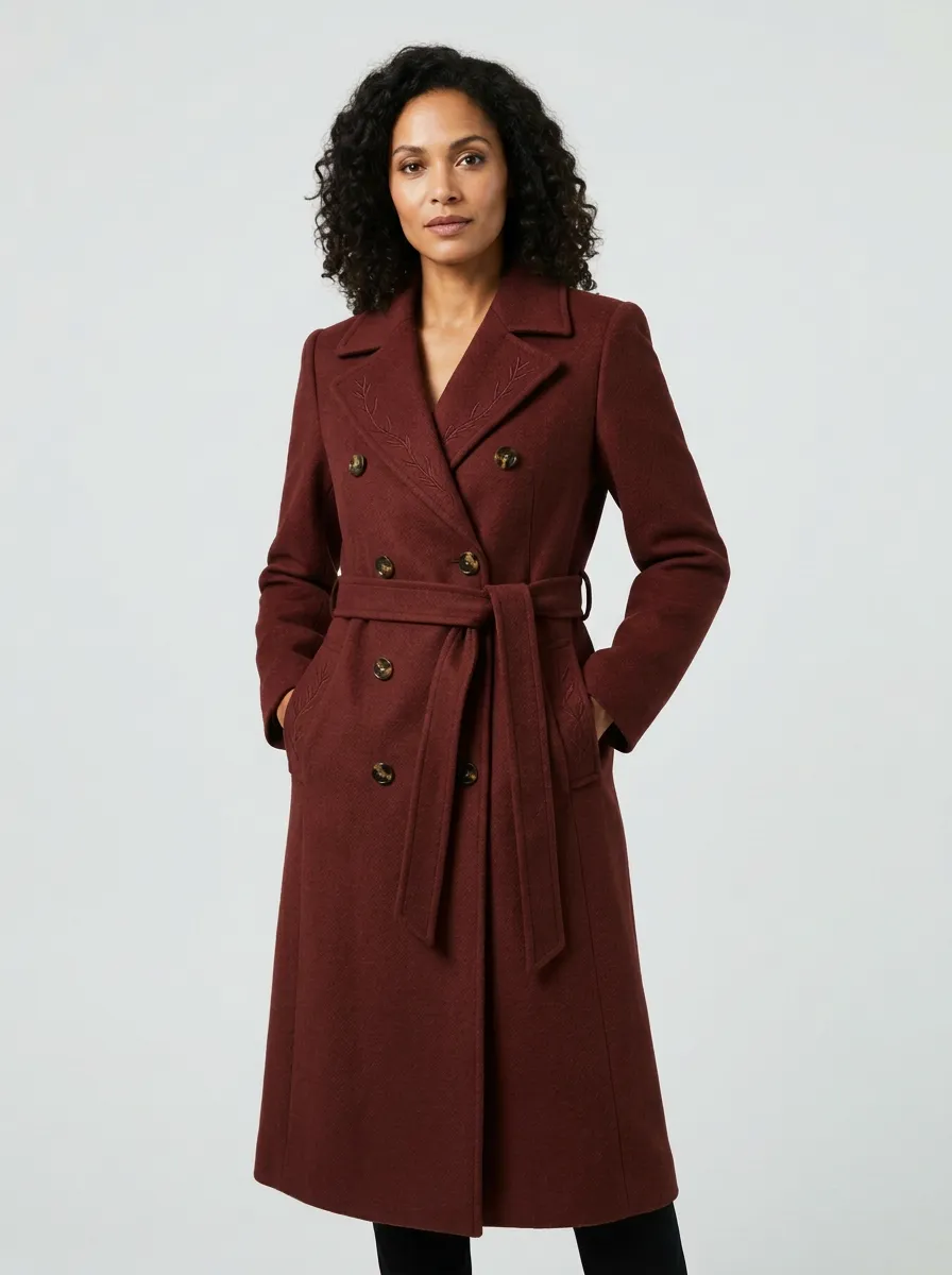 Women's Brown Leaf Embroidered Double-Breasted Belted Wool Coat