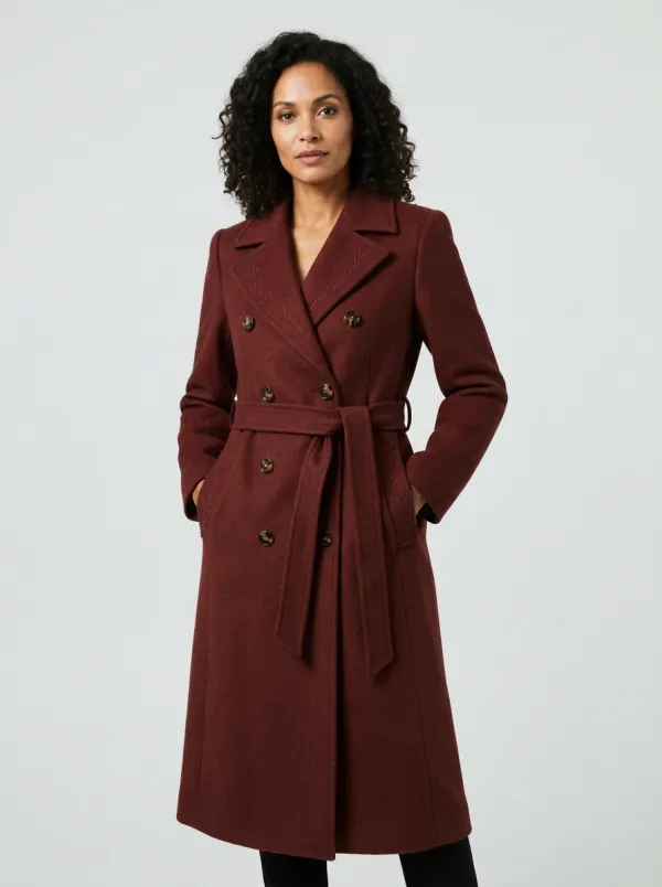 Women's Brown Leaf Embroidered Double-Breasted Belted Wool Coat