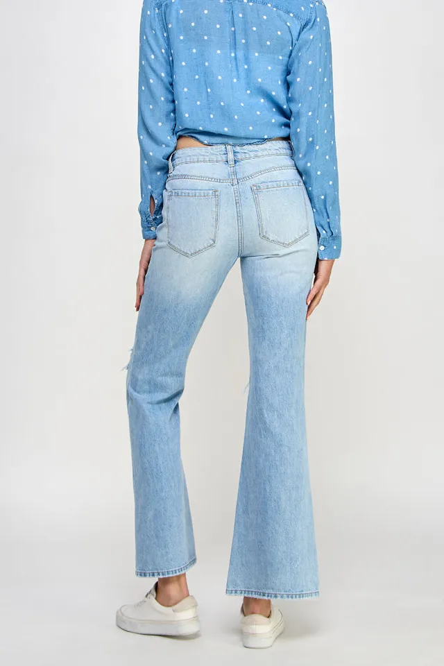 Women's Mid Rise Distressed Knee Distressed Relaxed Bootcut Rigid Denim Jeans