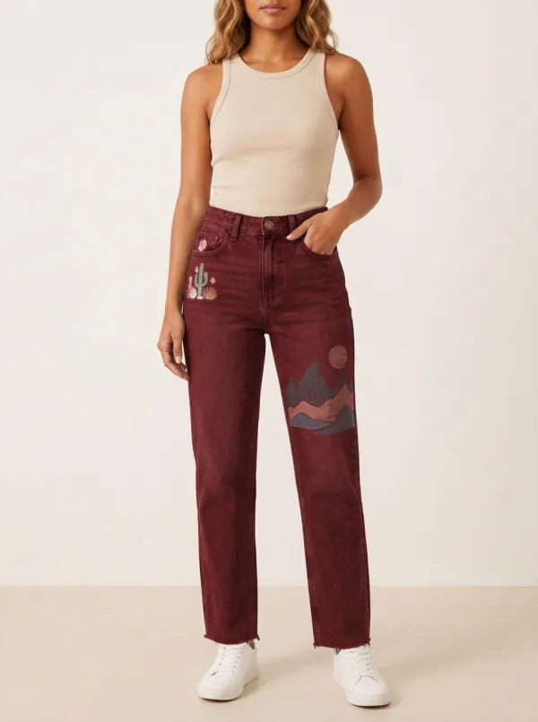 Women's Desert Nature Lover Cactus Mountain Printed Straight Jeans