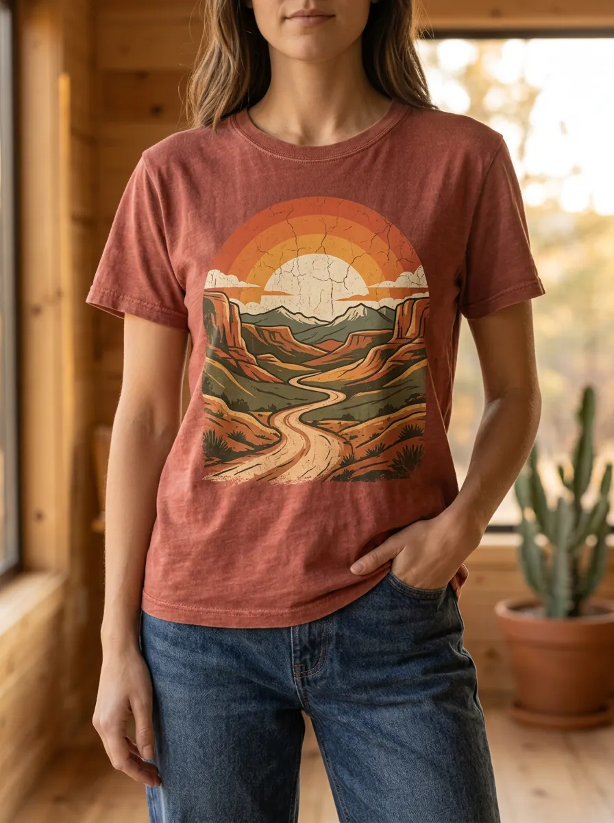 Women's Nature Lover Desert Sunset Winding Road Printed T-shirt