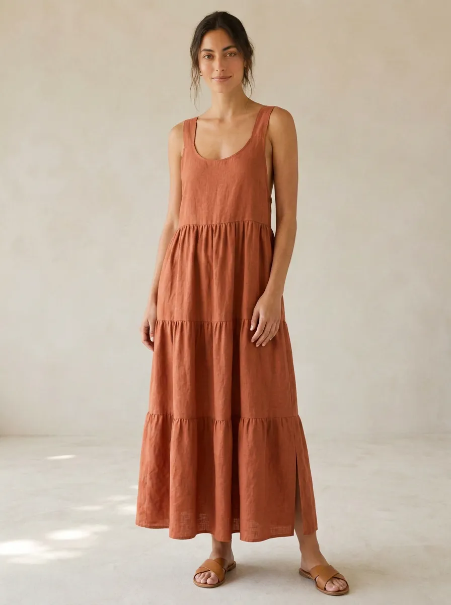 Women's Casual Tiered Linen Maxi Backless Dress