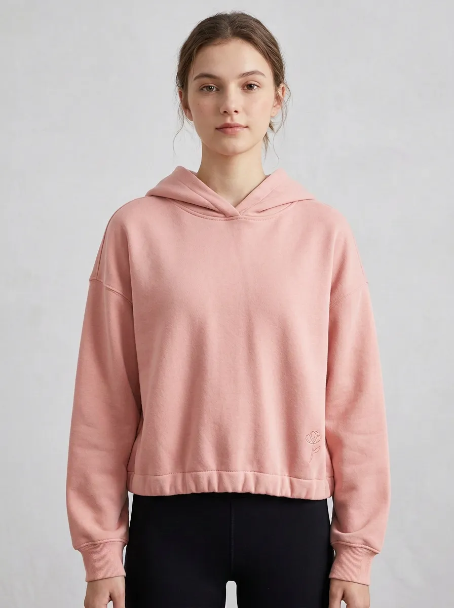 Women's Minimalist Floral Embroidered Pink Printed Hoodie