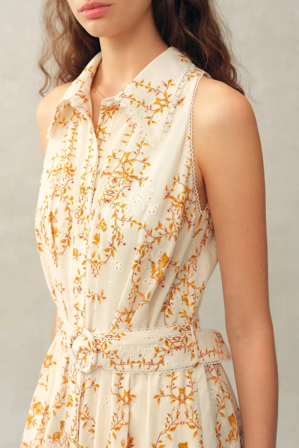 Sleeveless Belted Embroidered Floral Linen Blend Midi Dress