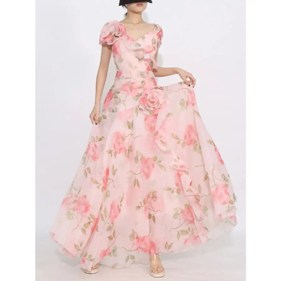 Floral Ruffled Short Sleeve Maxi Dress