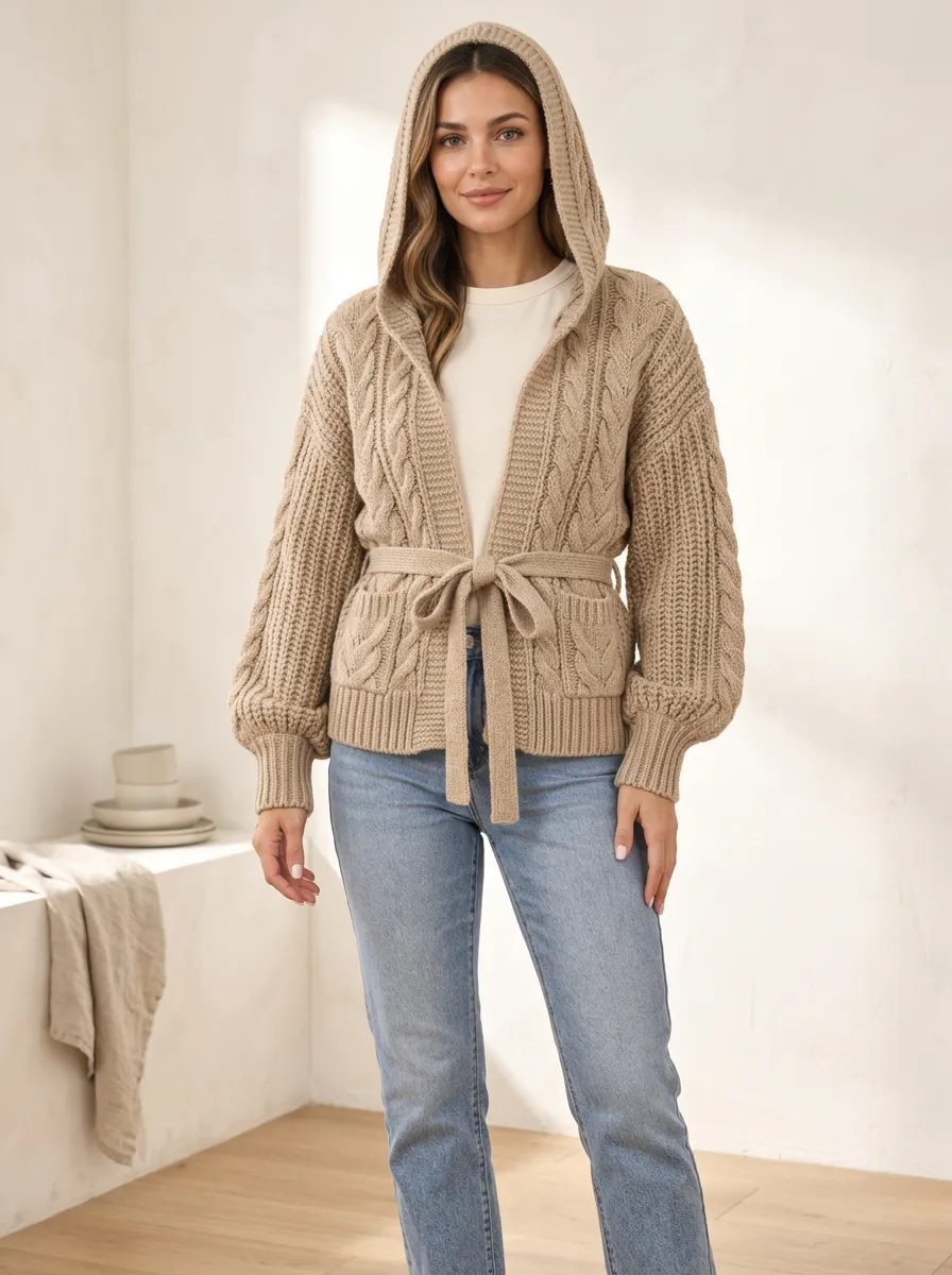 Women's Cable-Knit Open-Front Patch-Pocket Hooded Cardigan