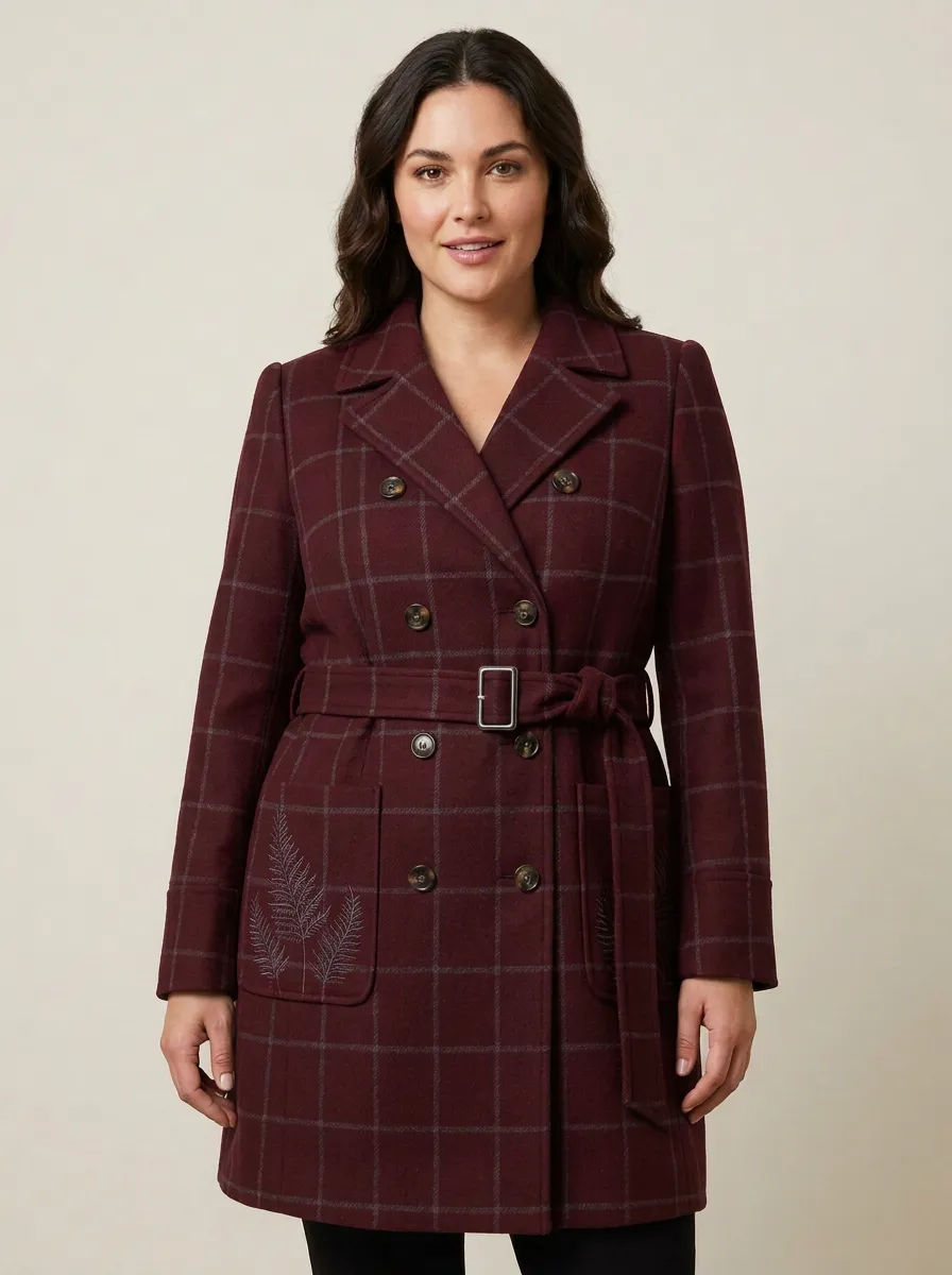 Women's Navy Plaid Fern Embroidered Belted Trench Coat