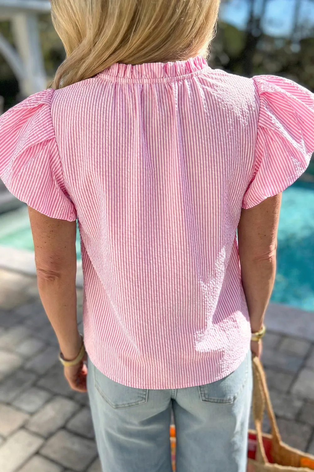 Rose Stripe Short Bubble Sleeve Blouse
