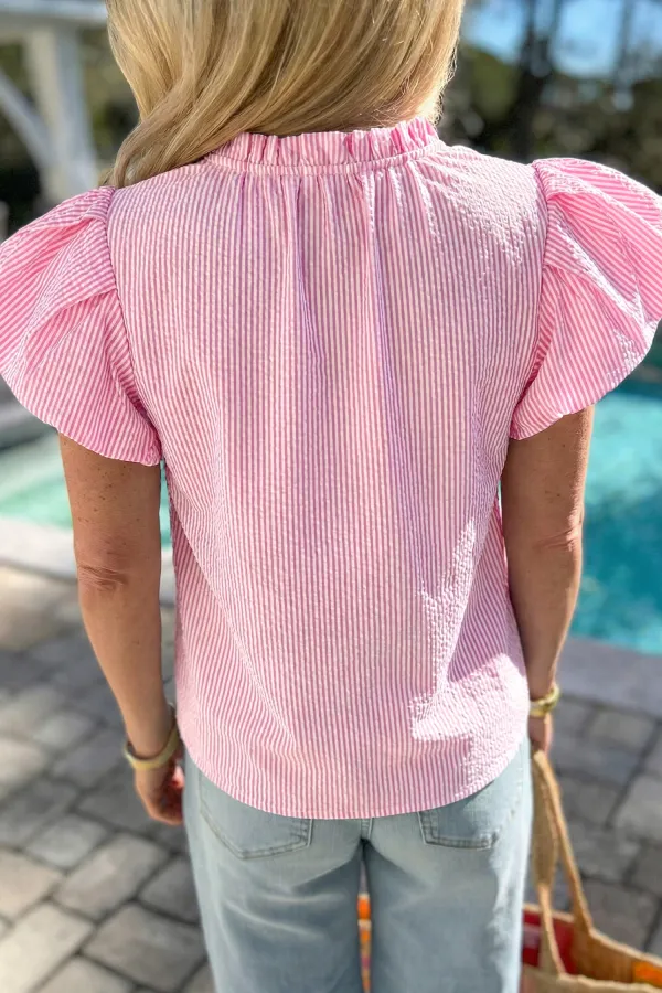 Rose Stripe Short Bubble Sleeve Blouse