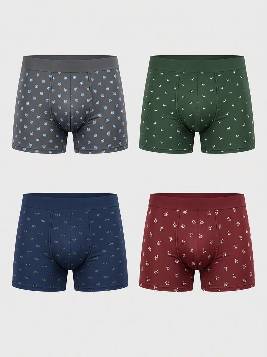 Men's Animal and Plant Pattern Printed Boxer Briefs 4-Pack