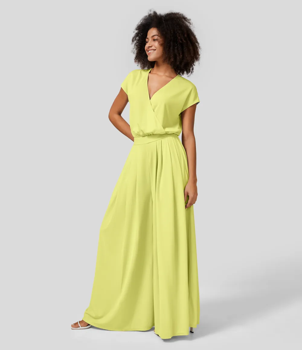 V Neck Short Sleeve Plicated Side Pocket Wide Leg Flowy Waffle Casual Jumpsuit