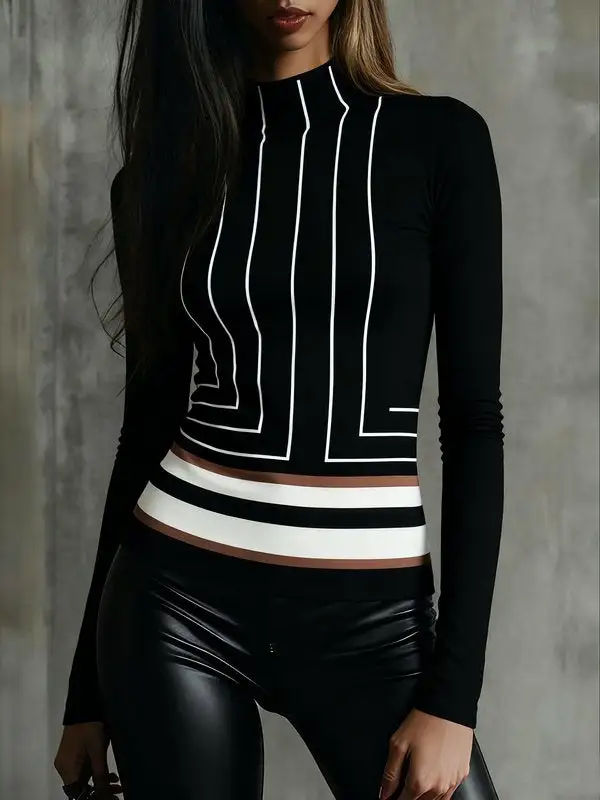 Long Sleeve Slim Fit Print Mock Neck T-Shirt