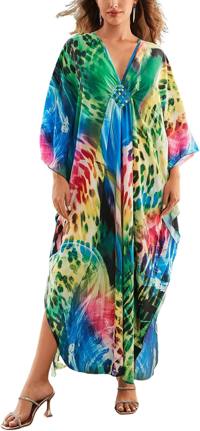 KECVOT Kaftan Dresses for Women Plus Size Batwing Sleeve Caftans Long Bathing Suit Cover Up Maxi Beach Dress Loungewear