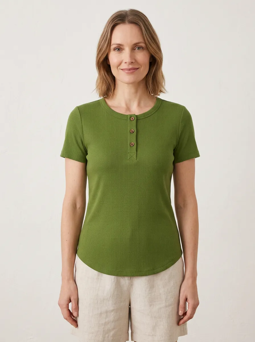 Women's Olive Green Ribbed Button Front Henley Shirt