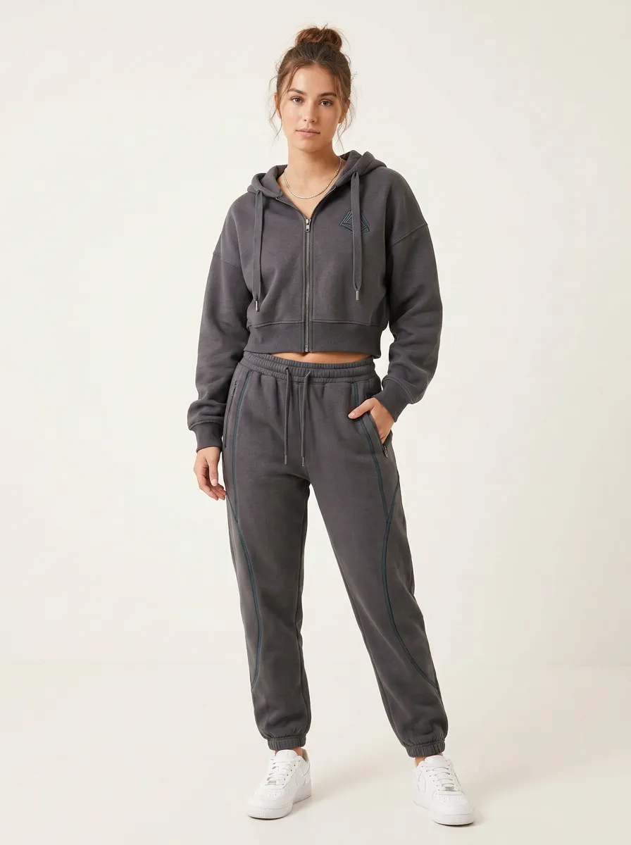 Women's Casual Sporty Charcoal Grey Embroidered Logo Printed Tracksuit